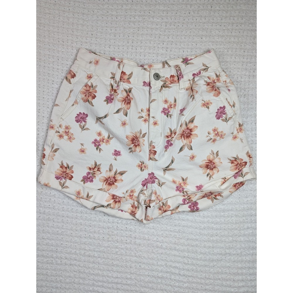 American Eagle Floral Denim Shorts White Peach‎ Mauve High Waisted Size 2